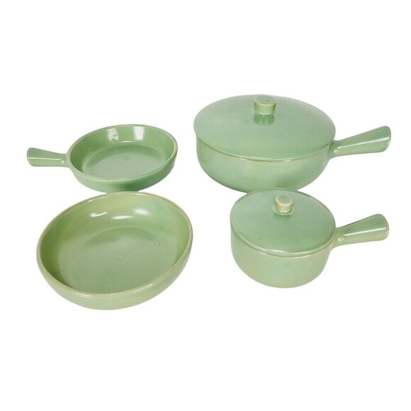 VTG 40s 50s MCM La Solana Stoneware Pottery Cookware Set Pots Pans & Bowl Green - Picture 5 of 16